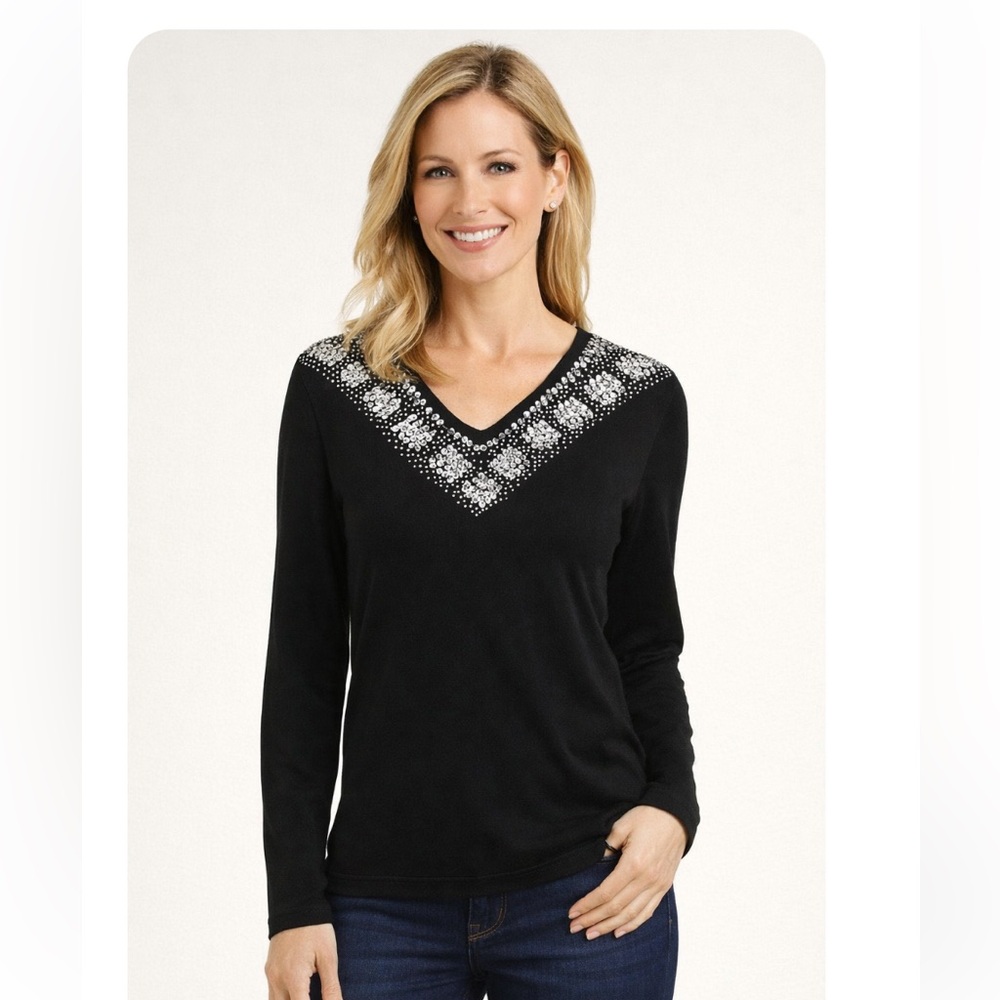 ONCE AGAIN Black with Silver Sequin V-Neck Rayon Blend Sweater S NWOT